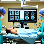 **Prompt:** A modern operating room with surgeons performing a laparoscopic surgery. Focus on the high-definition monitor displaying the magnified internal view, with the surgical team using specialized instruments through small incisions. The atmosphere is precise and technologically advanced.