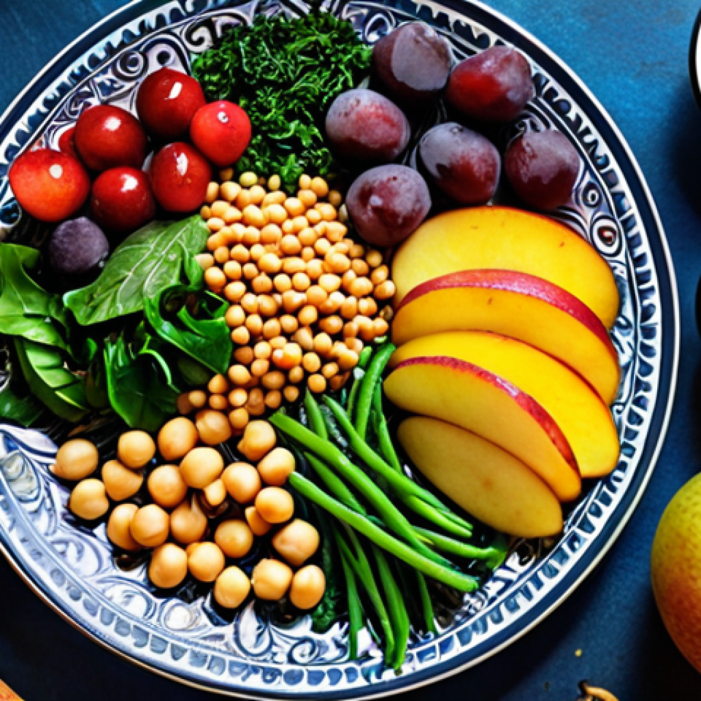 **
A vibrant, colorful plate overflowing with fiber-rich foods, including leafy green vegetables, fresh fruits (apples, pears, plums), and legumes (lentils, chickpeas, beans). Emphasis on natural, whole foods. Warm, inviting lighting.
**