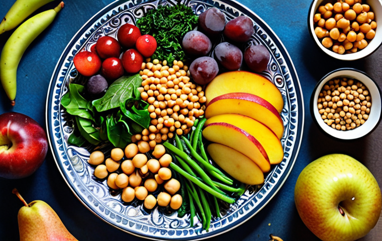 **
A vibrant, colorful plate overflowing with fiber-rich foods, including leafy green vegetables, fresh fruits (apples, pears, plums), and legumes (lentils, chickpeas, beans). Emphasis on natural, whole foods. Warm, inviting lighting.
**