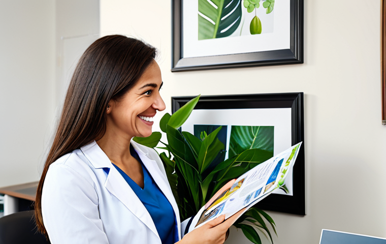 **
A doctor in a bright, modern office, consulting with a fully clothed, smiling patient. The patient is holding a brochure about healthy eating. The office has plants and calming artwork on the walls. Safe for work, appropriate content, professional, modest, perfect anatomy, well-formed hands, natural pose, high resolution, family-friendly.
**