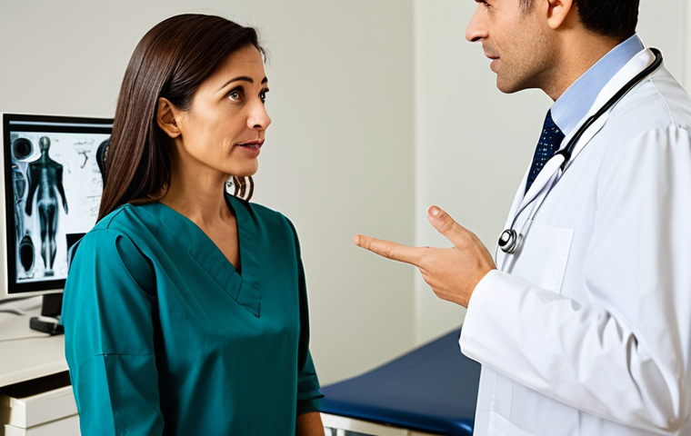 Doctor Explaining Diagnosis**
"A compassionate oncologist in a professional setting, explaining a diagnosis to a fully clothed, concerned-looking patient. The doctor is pointing to an x-ray or scan on a screen, illustrating the tumor's location. Background is a well-lit examination room. Safe for work, appropriate content, perfect anatomy, natural pose, professional, family-friendly, modest clothing."
**