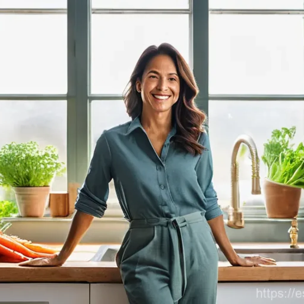 대장암 수술 후 관리 - **Prompt:** A serene and brightly lit kitchen scene featuring a woman in her 40s to 50s, with a warm...