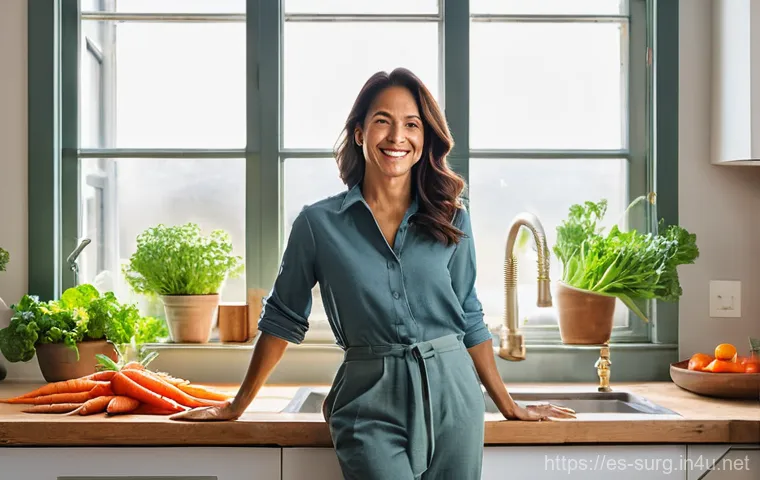 대장암 수술 후 관리 - **Prompt:** A serene and brightly lit kitchen scene featuring a woman in her 40s to 50s, with a warm...