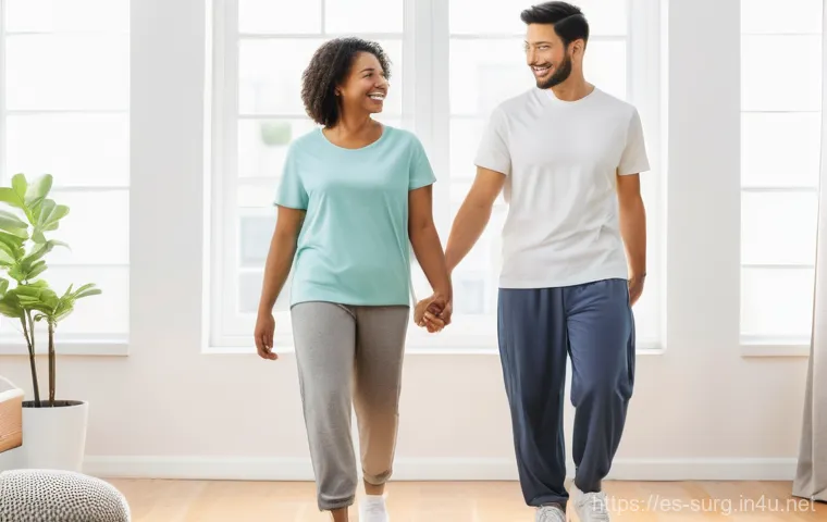 탈장 수술 후 회복기 - Image Prompt 1: Gentle Steps Towards Recovery**