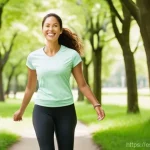 Home 16 치질 예방 운동 - **Prompt 1: Mindful Walk and Active Break in a Park**
"A healthy-looking woman in her late 30s, ...
