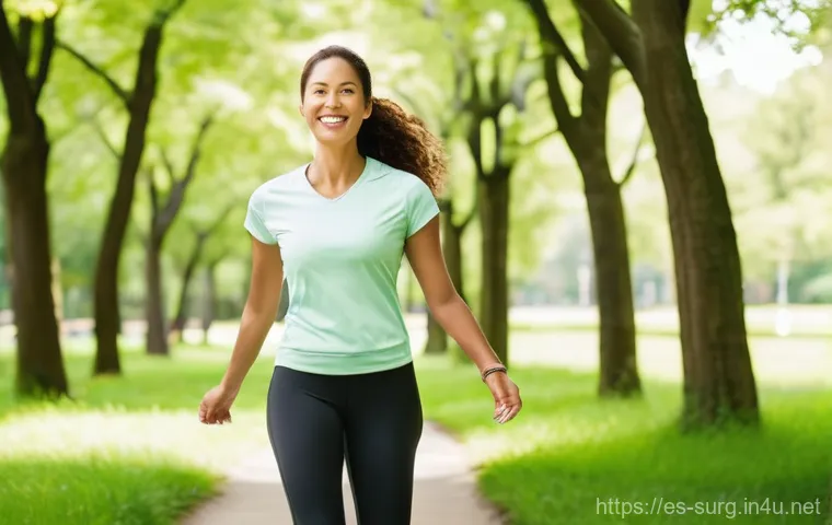 치질 예방 운동 - **Prompt 1: Mindful Walk and Active Break in a Park**
    "A healthy-looking woman in her late 30s, ...